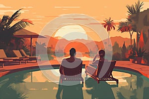 vacation couple travel relax romantic pool back swimming sunset honeymoon. Generative AI.