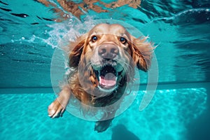 vacation dog fun swimming funny puppy underwater snorkeling pool water. Generative AI.
