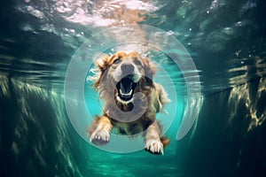 vacation dog snorkeling swimming underwater pool funny puppy fun water. Generative AI.