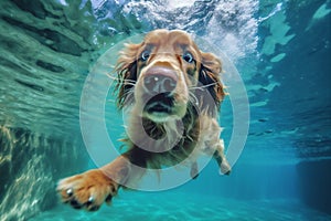 vacation dog snorkeling underwater fun swimming funny puppy water pool. Generative AI.