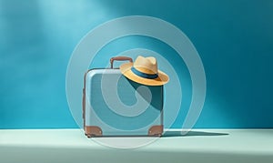 vacation holiday baggage suitcase blue hat journey trip fly background travel. Generative AI.