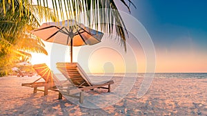 Vacation holidays background wallpaper, two beach lounge chairs under tent on beach. Beach chairs, umbrella and palms on the beach