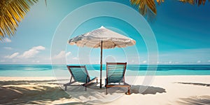 Vacation holidays background wallpaper, two beach lounge chairs under tent on beach. Beach chairs, umbrella and palms on the beach