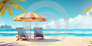 Vacation holidays background wallpaper, two beach lounge chairs under tent on beach. Beach chairs, umbrella and palms on the beach