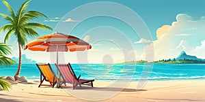 Vacation holidays background wallpaper, two beach lounge chairs under tent on beach. Beach chairs, umbrella and palms on the beach