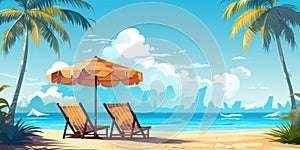 Vacation holidays background wallpaper, two beach lounge chairs under tent on beach. Beach chairs, umbrella and palms on the beach