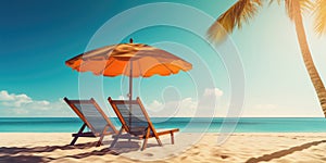 Vacation holidays background wallpaper, two beach lounge chairs under tent on beach. Beach chairs, umbrella and palms on the beach