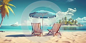 Vacation holidays background wallpaper, two beach lounge chairs under tent on beach. Beach chairs, umbrella and palms on the beach