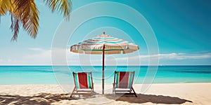 Vacation holidays background wallpaper, two beach lounge chairs under tent on beach. Beach chairs, umbrella and palms on the beach