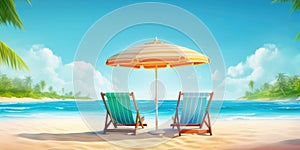 Vacation holidays background wallpaper, two beach lounge chairs under tent on beach. Beach chairs, umbrella and palms on the beach