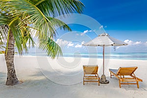 Vacation holidays background wallpaper, two deck chairs under tent on beach. Tropical Holiday Banner.