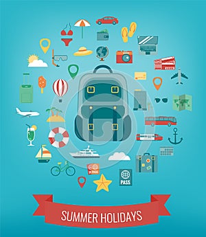 Vacation icons set. Summer holidays. Travel and Tourism. Vector