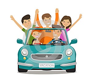 Vacation, journey concept. Happy young people or friends are traveling by car. Cartoon vector illustration photo