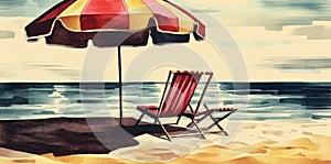 vacation landscape chair resort summer watercolor umbrella relax rest background beach. Generative AI.