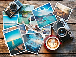 Vacation memories photos, camera and a cup of coffee on wodden desk.