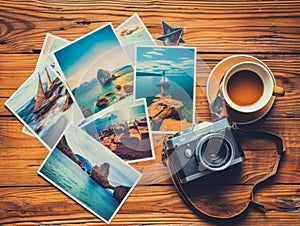 Vacation memories photos, camera and a cup of coffee on wodden desk.