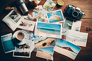 Vacation memories on wooden table with camera and cup of coffee