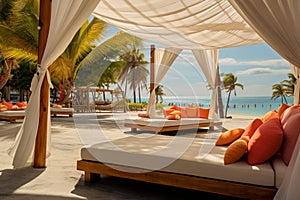 Vacation opulence beach canopies at a resort, luxury background