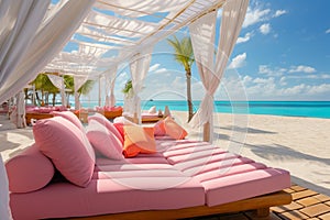 Vacation opulence beach canopies at a resort, luxury background