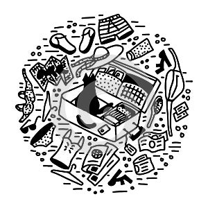 Vacation packing a suitcase doodle vector illustration