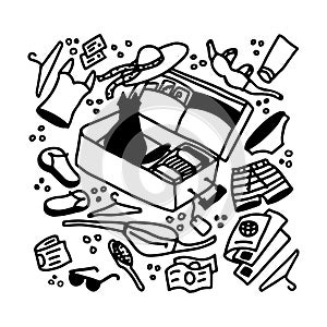 Vacation packing a suitcase doodle vector illustration