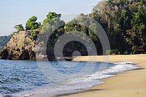 Soft wave hitting sandy beach under bright sunny day