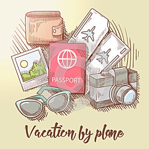 Vacation by Plane. Travel Around the World. Tourism by Airplane. Hand Drawn illustration