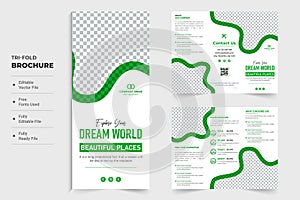 Vacation planner business template design with green color for marketing. Creative touring agency advertisement poster and leaflet