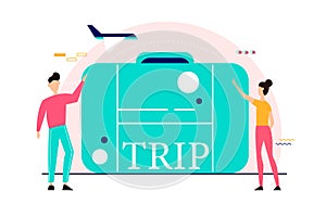 Vacation planning concept. Cartoon characters near a huge piece of baggage. Isolated flat vector illustration.