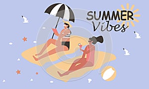 Vacation at seaside resort. Women dressed in swimwear sunbathing on beach.  Flat vector illustration.