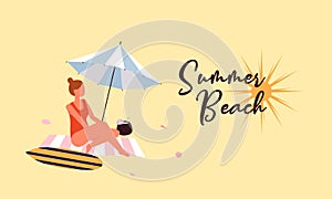 Vacation at seaside resort. Women dressed in swimwear sunbathing on beach.  Flat vector illustration.