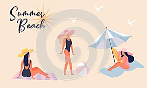 Vacation at seaside resort. Women dressed in swimwear sunbathing on beach.  Flat vector illustration.