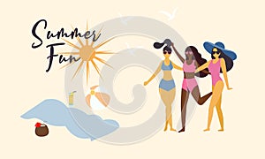 Vacation at seaside resort. Women dressed in swimwear sunbathing on beach.  Flat vector illustration.