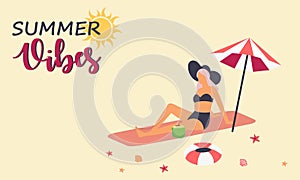 Vacation at seaside resort. Women dressed in swimwear sunbathing on beach.  Flat vector illustration.