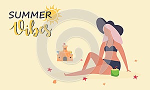 Vacation at seaside resort. Women dressed in swimwear sunbathing on beach.  Flat vector illustration.