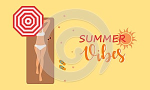 Vacation at seaside resort. Women dressed in swimwear sunbathing on beach.  Flat vector illustration.