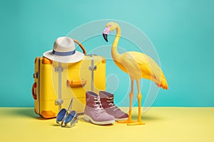 vacation sunglasses yellow background travel suitcase blue summer flamingo concept sun. Generative AI.
