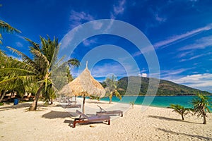 Vacation time background of two beach lounge chairs under grass