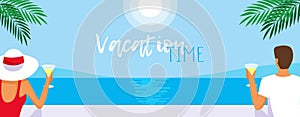 Vacation Time Summer Horizontal Banner. Couple with cocktails on the tropical beach. Holiday vector background