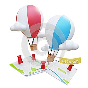 Vacation and travel. Air balloon travel tourism trip planning world tour with clouds, earth map and pin location. Leisure holiday