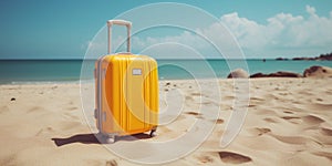 Vacation and travel concept. Yellow suitcase on the sandy beach. Banner 2:1