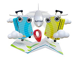 Vacation and travel. Flight airplane travel tourism plane trip planning world tour with luggage, world map, clouds and pin.