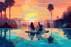 vacation travel relax couple back sunset romantic pool honeymoon swimming. Generative AI.