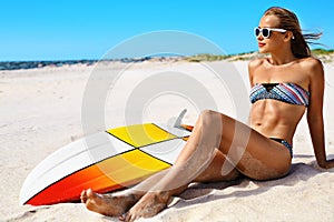 Vacation Travel. Surfer Woman Summer Beach Relax. Surfboard, Surfing