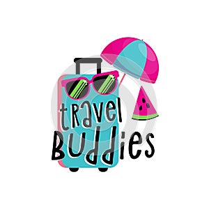 Vacation travelling composition with the open bag. Touristic sighns concept. Take vacation concept with logo. Hello photo