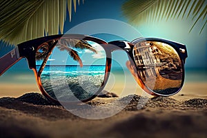 Vacation on tropical beach. Sunglasses on sand with palms view