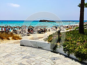 Vacation in tropical countries. Beach chairs, umbrella on the beach