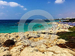 Vacation in tropical countries. Beach chairs, umbrella on the beach