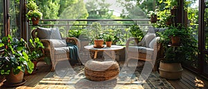 Vacation Vibe: Cozy Family Home with Terrace Balcony, Wooden Table, and Plants. Concept Terrace