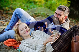 Vacation weekend picnic camping and hiking. Tourism concept. Picnic time. Happy loving couple relaxing in park together